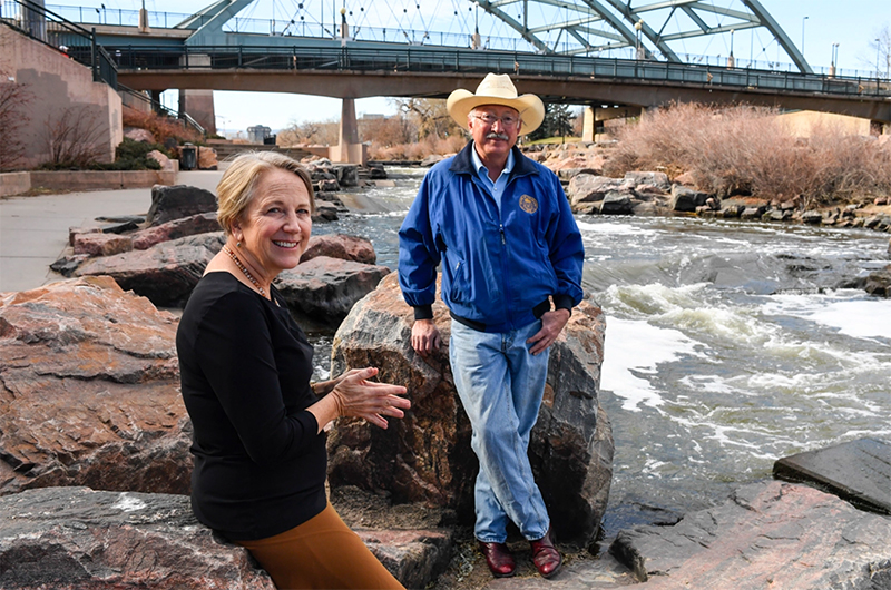 Ken Salazar, former U.S. Senator and Interior Secretary, and Beth Conover, Executive Director of the Salazar Center for North American Conservation at Confluence Park in Denver on Monday, Nov. 16, 2020. 